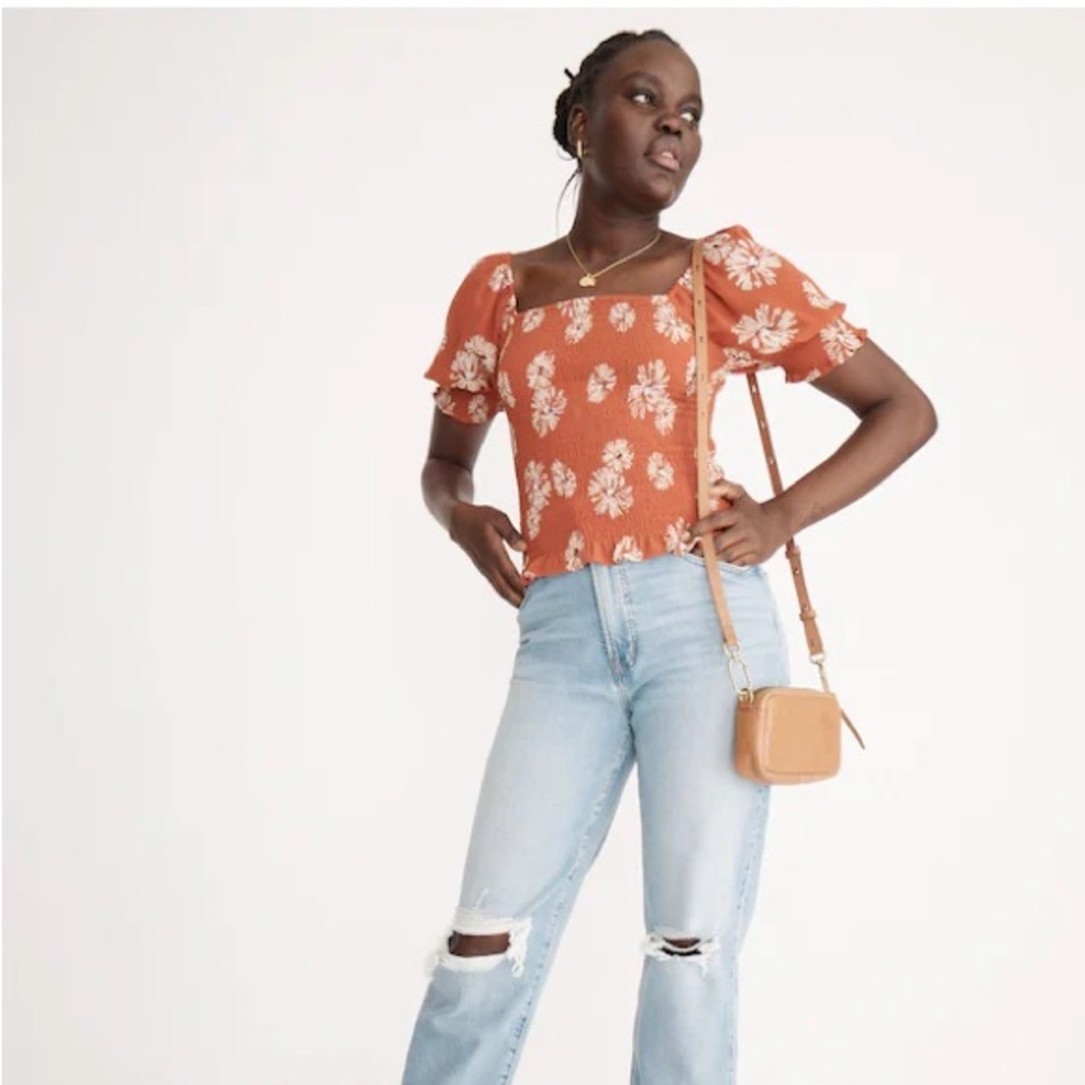 Madewell Re)sourced Georgette Lucie Puff-Sleeve Smocked Bodice Top